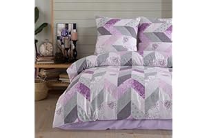 ‎BUYMAX Buymax Bettwäsche 135x200 Baumwolle 4-Teilig Bettgarnituren mit Bettbezüge und Kissenbezüge 80x80 Renforce Chevron-Muster Zickzack Gestreift Bettwäsche-Set, Lila Rosa Grau