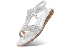 KUNWFNIX Summer Women's Flat Sandals Ladies Rhinestone Bohemian Walking Sandals Dress Shoes for Outdoor Beach Wedding