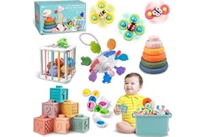 WEILIM Juguetes para bebés de 6 a 12 Meses, Juguetes Montessori para bebés, Juguetes sensoriales con Cuerda de tracción para la dentición, Juguetes de baño 6 en 1 con Bloques y Anillos para apilar