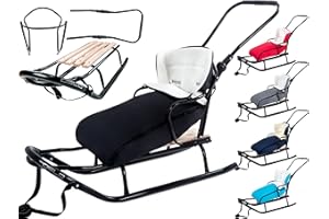GagaDumi Oslo Schlitten aus Metall mit Rücklehne mit Sicherheitsgurte Schubbügel und Fußsack Babyschlitten Rodel Ideal für Kinder und Erwachsene Belastung bis 120 kg