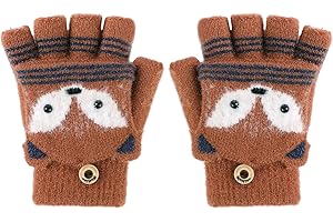 JIAHG Kinder Halbfinger Handschuhe Fingerlose Fäustlinge Mädchen Winter Cartoon Fingerhandschuhe Strickhandschuhe Thermohandschuhe mit Klappe