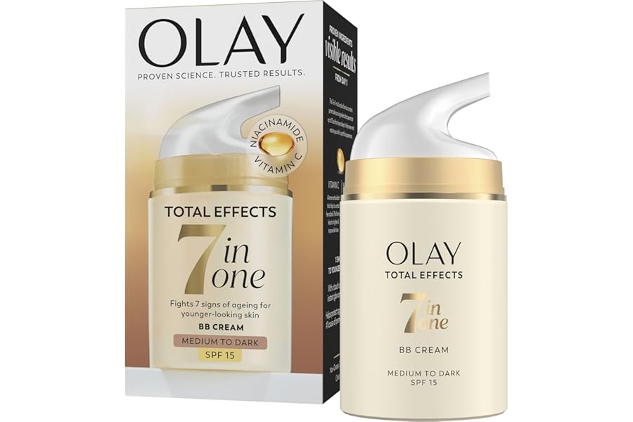 Olay Total Effects SPF15 BB Day Face Cream, Medium to Dark 7-in-1 Skin Care Moisturiser Foundation with Vitamin C & Niacinamide Hydration, Glow and Anti-Wrinkle, Nourishes and Protects in 1 Step, 50ml