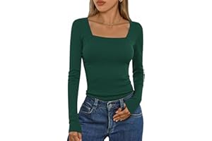 Aottori T-Shirt à Manches Longues Femme Col Carré Côtelé Chic élégant Slim Fit Haut Décontracté Tee Shirt Tunique Basic Top Tshirt Pull