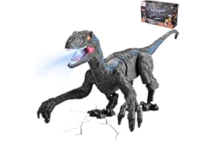 LISCHWERT Dinosauri Giocattolo Telecomandato,2.4G Jurassic Velociraptor Toys imita Camminate e Suoni, Giocattoli di Simulazione a Piedi con Luce a LED 3D Eye, scuotendo la Testa e ruggito