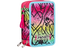 Seven Astuccio 3 Scomparti, Rosa, Triplo Scomparto, Completo di Matite, Pennarelli, Colori, Accessori Zaino, Elementari, Medie, Superiori, Bambina e Ragazza