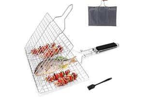 Pecco BBQ Grilling Basket, Foldable Stainless Steel Barbecue Grill Basket for Fish Vegetables Shrimp with Removable Handle, Basting Brush and Storage Bag 32x22cm