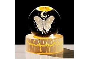 Movdyka Crystal 3D Butterfly with Moon 2.36in Witchcraft Ball Figurine Gifts for Women, Glass Collectible Sphere with Warm Light Base for Girls Butterfly Lovers on Birthday Home Ornaments