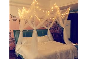 HANYUN Moskitonetz für Betthimmel 4-Eck-Pfosten Vorhänge Betthimmel Elegantes Moskitonetz-Set mit 100 LED-Sternen-Lichterketten batteriebetrieben,Betthimmelvorhänge für Doppel- und Einzelbetten (Weiß)