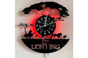 KingLive Cartoon Der König der Löwen Wanduhr, Simba Vinyl Schallplatte Wanddekoration,Weihnachten & Halloween Deko, ​Simbas Königreich Wohnzimmer Küche Uhr(Mit LED-Nachtlicht