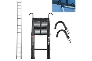 DICN 6.2M Heavy Duty Telescopic Ladders With Hooks 14 Steps Aluminum Extending Roof Ladder for Multi-Purpose Indoor Outdoor Roof Work Decoration Builder Supply 150KG Capacity - Black