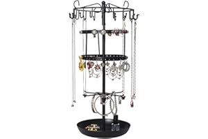 NAAPESI Espositore Gioielli Rotante a 4 Livelli con 24 Ganci e 36 Fori per Orecchini,Porta Collane e Bracciali da Tavolo in Metallo,Regolabile,Stand Portagioie Donna per Anelli,Orologi e Pendenti,H42xL20cm