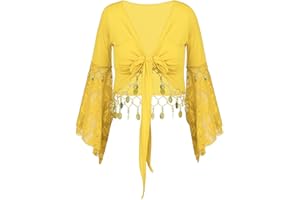 inhzoy Costume da Danza del Ventre da Donna Cardigan in Pizzo Patchwork con Paillettes Top Corto con Scialle con Maniche Vestito da Danza Classica Spettacolo Discoteca