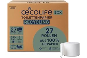 ‎ŒCOLIFE œcolife Toilettenpapier Box RECYCLING, 3-lagig, 27 Rollen, 250 Blatt pro Rolle, Recyclingpapier, plastikfrei verpackt