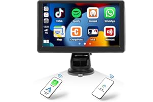 SIXWIN 7 inch Touchscreen Portable Car Stereo with Wireless Apple Carplay Android Auto Mirror Link Bluetooth Car Play Screen with FM Transmission Voice Control AUX/AV IN/USB