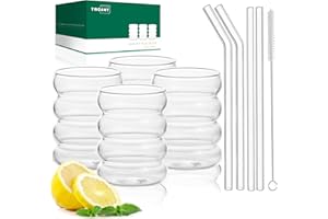 TWOANT Lot de 4 verres à bulles nervurés avec pailles en verre de 388,5 g, esthétiques, tasses à café glacé, verres à cocktail, verres vintage pour eau, soda, cadeau avec brosse de nettoyage
