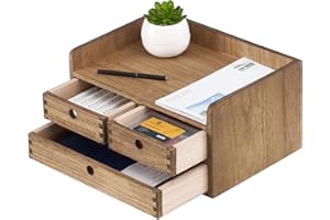 KIRIGEN pudełko do przechowywania z litego drewna, płaska taca, materiały biurowe, organizer na biurko, duża pojemność, drewniany organizer biurowy 2D3C żółto-brązowy