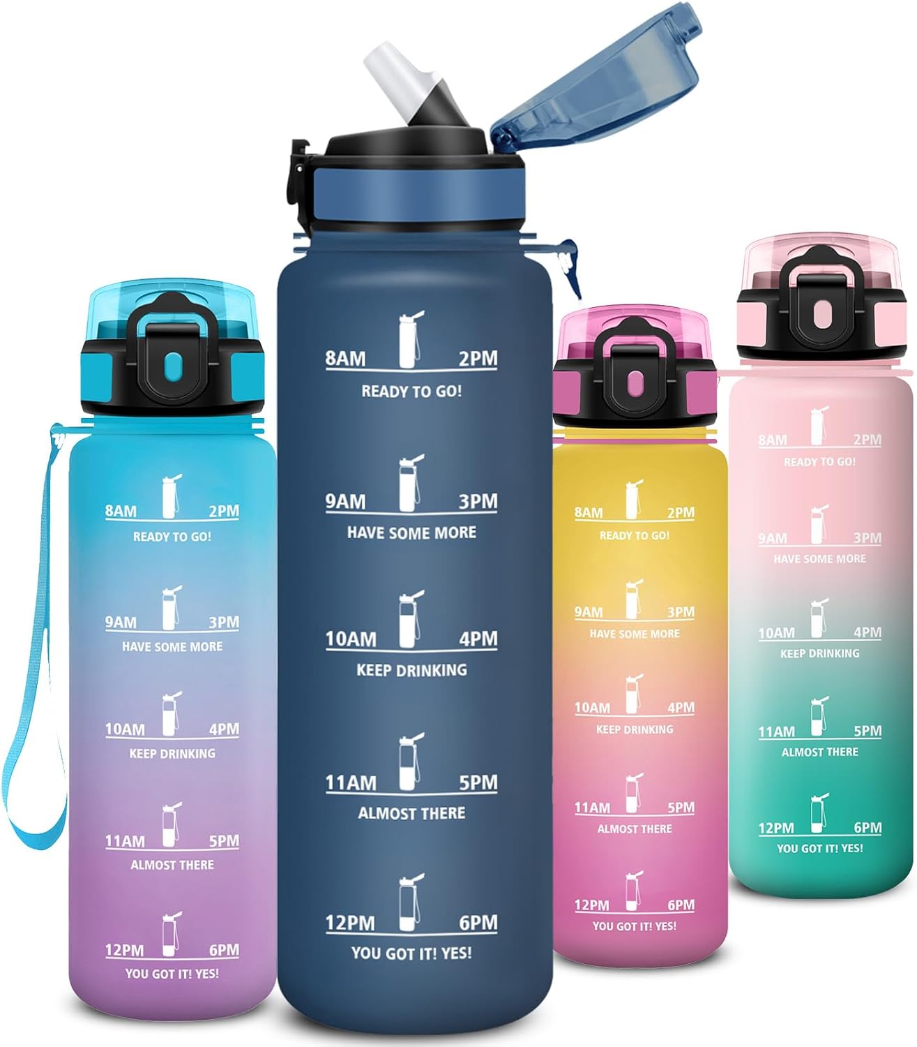 Mujigaga Botella Agua 1 litro, A Prueba de Fugas Cantimplora con Pajita, Botella Agua Gimnasio, Diseño de Cerradura, Cantimplora con Marcador de Tiempo para Exterior, Oficina, Deportes, Gimnasio