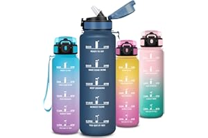 Mujigaga Botella Agua 1 litro, A Prueba de Fugas Cantimplora con Pajita, Botella Agua Gimnasio, Diseño de Cerradura, Cantimplora con Marcador de Tiempo para Exterior, Oficina, Deportes, Gimnasio