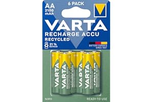 VARTA Piles AA, rechargeables, lot de 6, Recharge Accu Recycled, 2100 mAh Ni-Mh, fabriquées avec 21% de matériaux recyclés, préchargées, prêtes à l'emploi