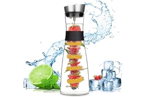 ZHHGOO Glas Karaffe,1.5 Liter Karaffe mit Deckel aus Edelstahl,Wasserkaraffe mit Fruchtspieß,Saft Krug,Glaskaraffe Benutzt für Eistee Heißes Kaltes Wasser Milch Kaffee Wein