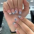 24pcs Medium Square False Nails French White Tip Stick-on Glitter Blue Heart Press-on Removable Glue-on Full Cover Fake Nail Art Accessories for Women Girls