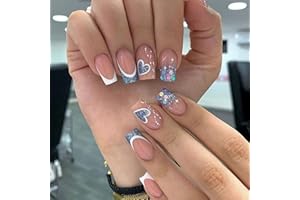 AGASAR 24pcs Medium Square False Nails French White Tip Stick on Nails Glitter Blue Heart Press on Nails Removable Glue-on Nails Full Cover Fake Nails Women Girls Nail Art Accessories
