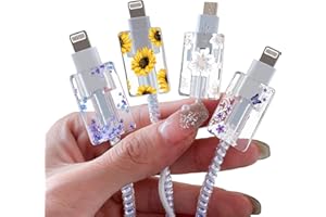 DiyGody Flower Floral Cable Protector for iPhone Charger,Cute Lavender Sunflower Lace Blossom Pattern 4 pcs Set Cable Protector,Charging Cord Protector,Cable Chomper,Charger Saver (Lightning Cable)