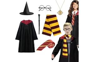 CESHMD Zauberer Cosplay Kostüm, 7 Pcs Magier Robe für Kinder mit Umhang, Hut, Zauberstab, Krawatte, Schal, Halskette und Brille, Unisex Uniform für Jungen Mädchen Halloween Karneval Cosplay Kostüme, 135 CM
