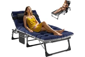 ZIKEBTUY Folding Bed 190 x 68 x 28 CM Sun lounger Folding Guest Bed Single with Mattress Side-Pocket and Adjustable Backrest, for Spare Temporary Office Nap Patio Sunloungers (Blue-BK)