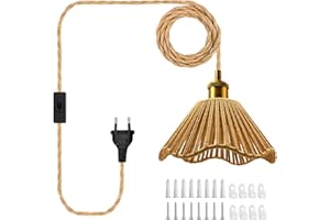 LAKONEI 510 CM Lámpara Colgante de Cuerda de Cáñamo con Enchufe e Interruptor, Lámpara Colgante con Pantalla de Cuerda de Cáñamo Tejida a Mano E27, Lámpara Bohemia Rústica - Sin Bombilla