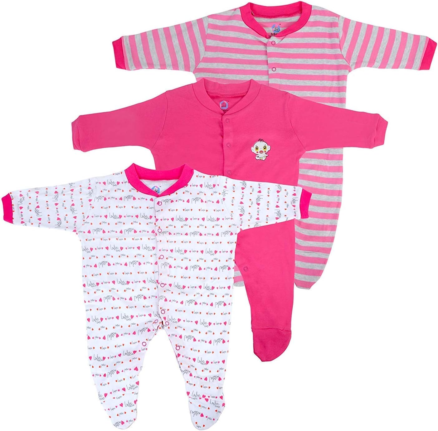 Magic Town New Born Baby Multi-Color Long Sleeve Body Suit,Romper, Sleep Suit for Boys and Girls Unisex Combo Pack (Pack of 3) (0-3 Months, Dark Pink)