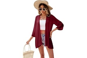Ietaoo Gilet Long Femme Été Kimono Cardigan Mousseline de Soie Cardigan de Plage Bohème 3/4 Manches Léger Cache-Maillots Plage Veste