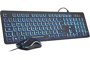 Rii Wired keyboard and mouse, RK105 USB Keyboard and Mouse with Backlit(White Green Blue) for Office Home Business-Full Size Standard UK Layout