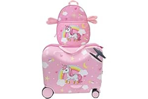 MonTravel Valigia Cavalcabile per Bambini 2 in 1 con Zainetto Bagaglio a Mano Rigido 47x26x36 cm Trolley Ruote Spinner 360 Asta Telescopica Cinghia Traino Fantasia Unicorno