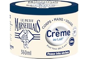 Le Petit Marseillais | Crème Hydratante Multi-Usage Lait (pot de 360 ml) – Crème corps, mains et visage pour les peaux très sèches – Soin hydratant 48h avec 95% d'ingrédients d'origine naturelle
