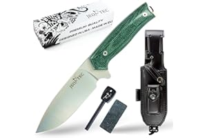 JEO-TEC Nº21 Cuchillo Supervivencia Caza Monte bushcraft Camping Outdoor Campo - Funda de Piel con pedernal y Piedra afilar incluidos - Acero BÖHLER N690C - Fabricado en España