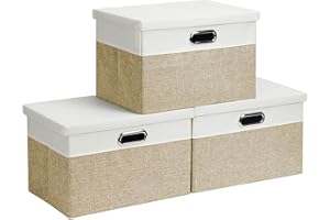 Febzoce Aufbewahrungsbox mit Deckel Extra Groß Faltbarer Stoff Aufbewahrungswürfel Korb Mülleimer Organizer Hellbraun/Weiß, Extra Groß, 44 x 31 x 29 cm, 3 Stück