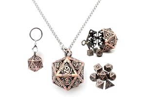 Haxtec Mini Metall DND Würfel Set Mit Kupfer Hohl D20 Halskette Würfel Fall Antike Winzige Metall Würfel Set D&D Schlüsselanhänger Tragbare 7PCS Würfel Set, HDM-MINI-GT-D20GT