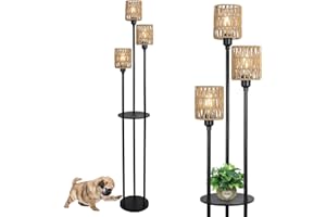 Rayofly Boho Floor Lamp, 3-Lights Rattan Floor Lamp with Shelves, Farmhouse Floor Lamp with ON/OFF Foot Switch, Rustic Standing Lamp with Rattan Shades, Tall Floor Lamps for Living Room Bedroom Office