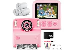 Appareil Photo Instantané Enfant, Kaishengyuan 2,4" 1080P Appareil Photo Enfant avec 32GB Carte & Papier d'impression, Stylos Colorés, Cadeau pour Filles Garçons de 3-12 Ans(Rose)