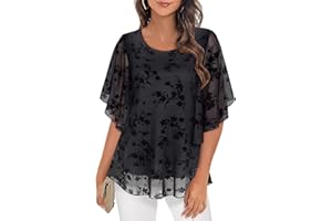 Syphiby Womens Blouses Ruffle 3/4 Sleeve Mesh Ladies Tops Chiffon Double-Layered Tunic Tops Loose Flowy Shirts