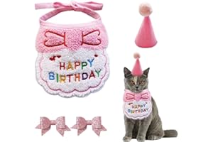 ZBHDEYG 1 bavaglino, 1 berretto di compleanno, 2 forcine per capelli con fiocco, cappello di compleanno per cuccioli e gattini, sciarpa, accessori di compleanno per animali domestici (rosa)