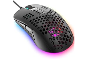 KUIYN Mouse da Gaming Ultraleggero con Filo, Design Ergonomico a Conchiglia a Nido d'ape Leggero, 4 Retroilluminato RGB Chroma, 4 DPI Regolabili Fino a 2400, Mouse Ottici USB, per PC/Mac/Laptop, Nero