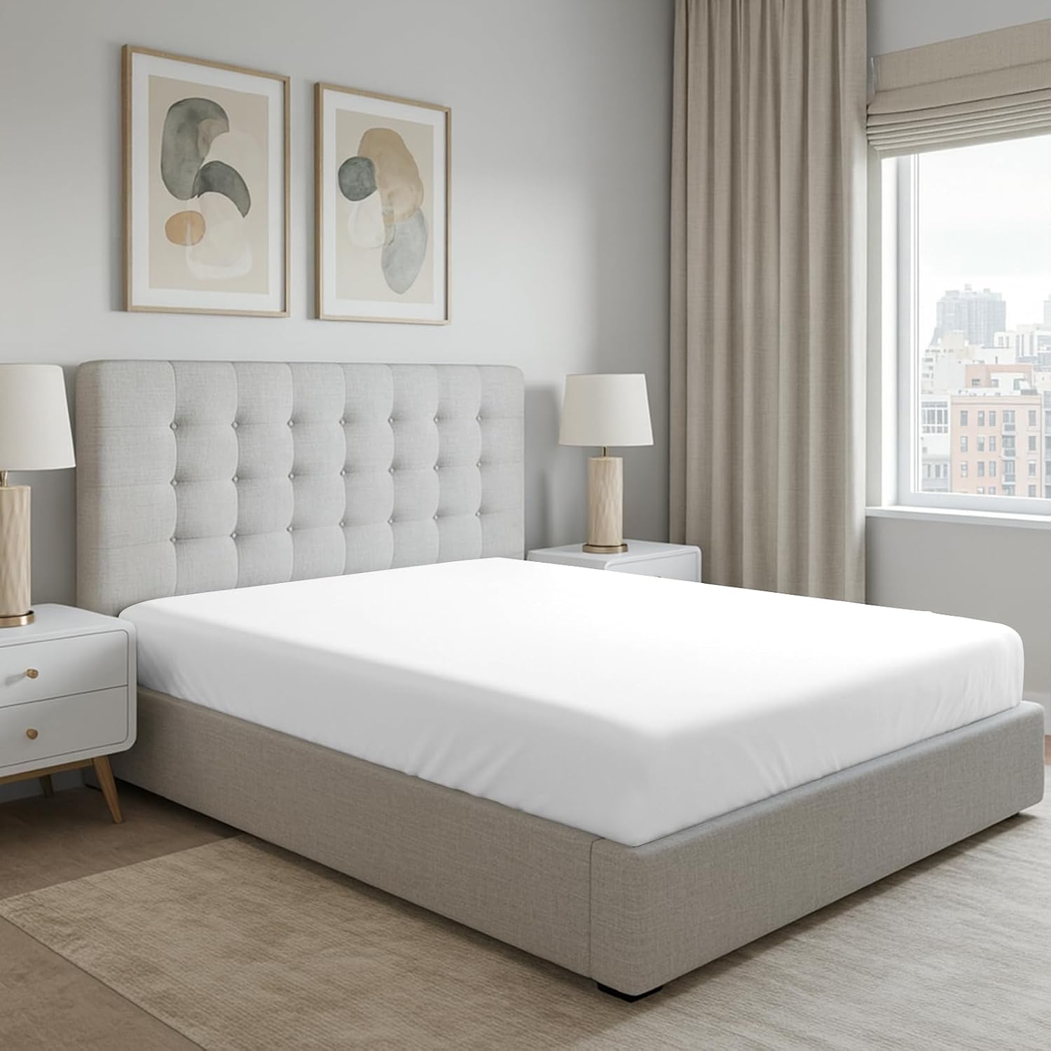 Pizuna 100% Cotton Super King Fitted Sheet White, 400 Thread Count Long Staple Cotton Fitted Sheet 180x200 cm, Sateen Weave Superking Fitted Sheet Extra Deep 40 cm Fit 1 PC