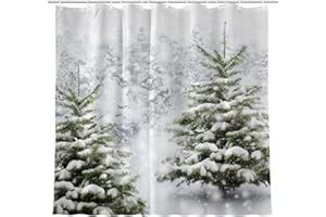 JOOCAR Christmas Tree Shower Curtain Winter Forest Pine Tree Snowflake Snowfall Natural Scene Bathroom Shower Curtains for Bathtub Decoration with Hooks 72x72 Inch