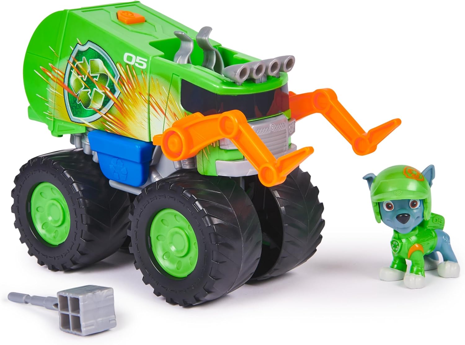 Paw Patrol Patrulla Canina - Pack Figura Rocky Rescue Wheels y Camión Reciclaje Lanza Proyectiles - Patrulla Canina Juguetes - Juguetes Niños 3 años + - Regalo Niño 3 años +
