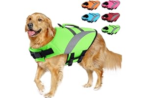 ALAGIRLS Ripstop Dog Life Vest, Reflective & Adjustable Life Jacket for Dogs with Superior Buoyancy and Rescue Handle for Small Medium Large Dogs at Swimming & Boating, Green L