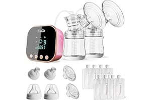 LULIA Elektrische Doppelmilchpumpe,4 Modi und 9 Stufen,Flansche in 2 Größen,Mechanische Tasten, mit Milchaufbewahrungsbeutel und Adapter, Wiederaufladbare Stillpumpen für Zuhause und Unterwegs
