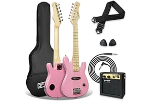 3rd Avenue Pacchetto beginner con chitarra elettrica junior di dimensioni 1/4 3rd Avenue, amplificatore portatile da 5 W, cavo di connessione, custodia, plettri e tracolla – Rosa