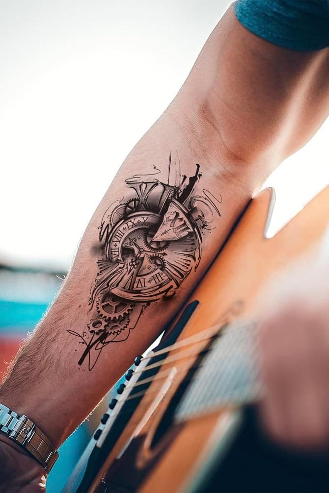 BearPear Gerçek Dövme Görünümlü 3 Boyutlu Saat Dövmesi, Tattoo, Erkek Geçici Dövme, Kol Dövmesi, Omuz Dövmesi